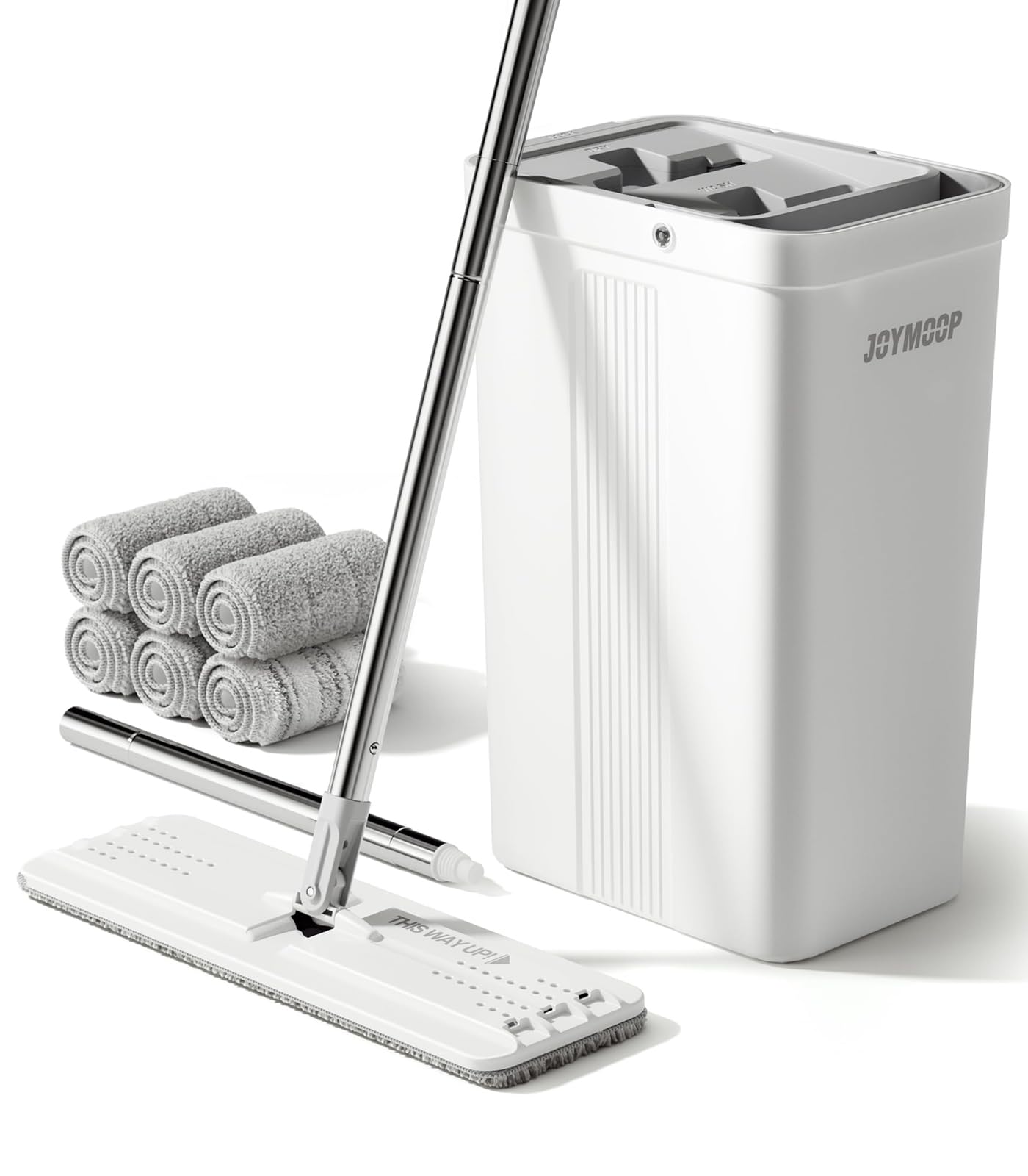JOYMOOP Mop and Bucket Set, Commercial &amp; Household Use, Flat Mops for Floor Cleaning, Wall Mop Cleaner with Long Handle, Hardwood Floor Mop with 6 Microfiber Pads