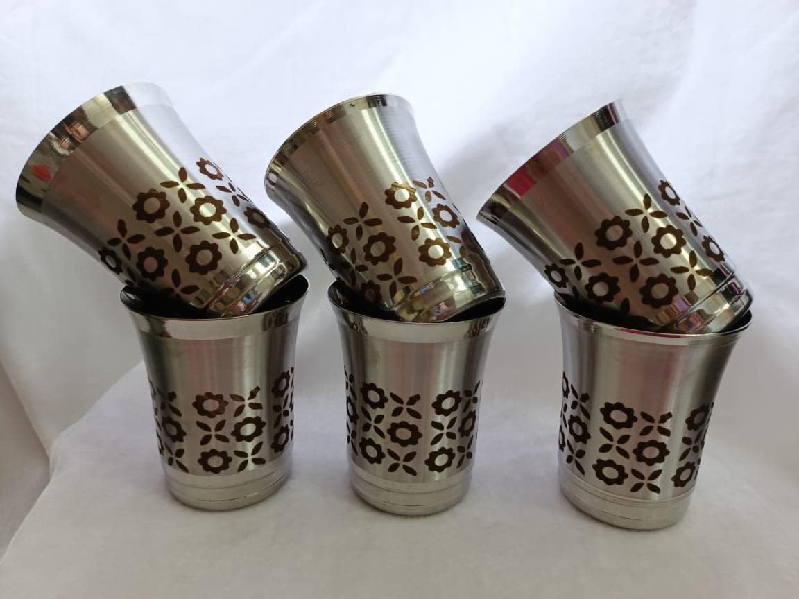 Prachi Creation Stainless Steel Laser Print Serving Glasses Water Drinking Glasses Set Glass Set Capacity - 250 ml Pack of 6 Piece
