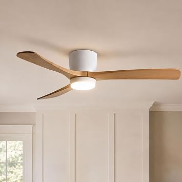 48 Inch Smart Flush Mount Ceiling Fan with Lights and Remote, Low Profile | modern smart ceiling fan with lights, low profile, wood blades, remote/app/voice, dimmable LED, 6-speed reversible DC motor.