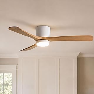 48 Inch Smart Flush Mount Ceiling Fan with Lights, Remote & App | Low profile design, solid wood blades, 6 speed DC motor, reversible airflow, dimmable LED light, timer, voice control