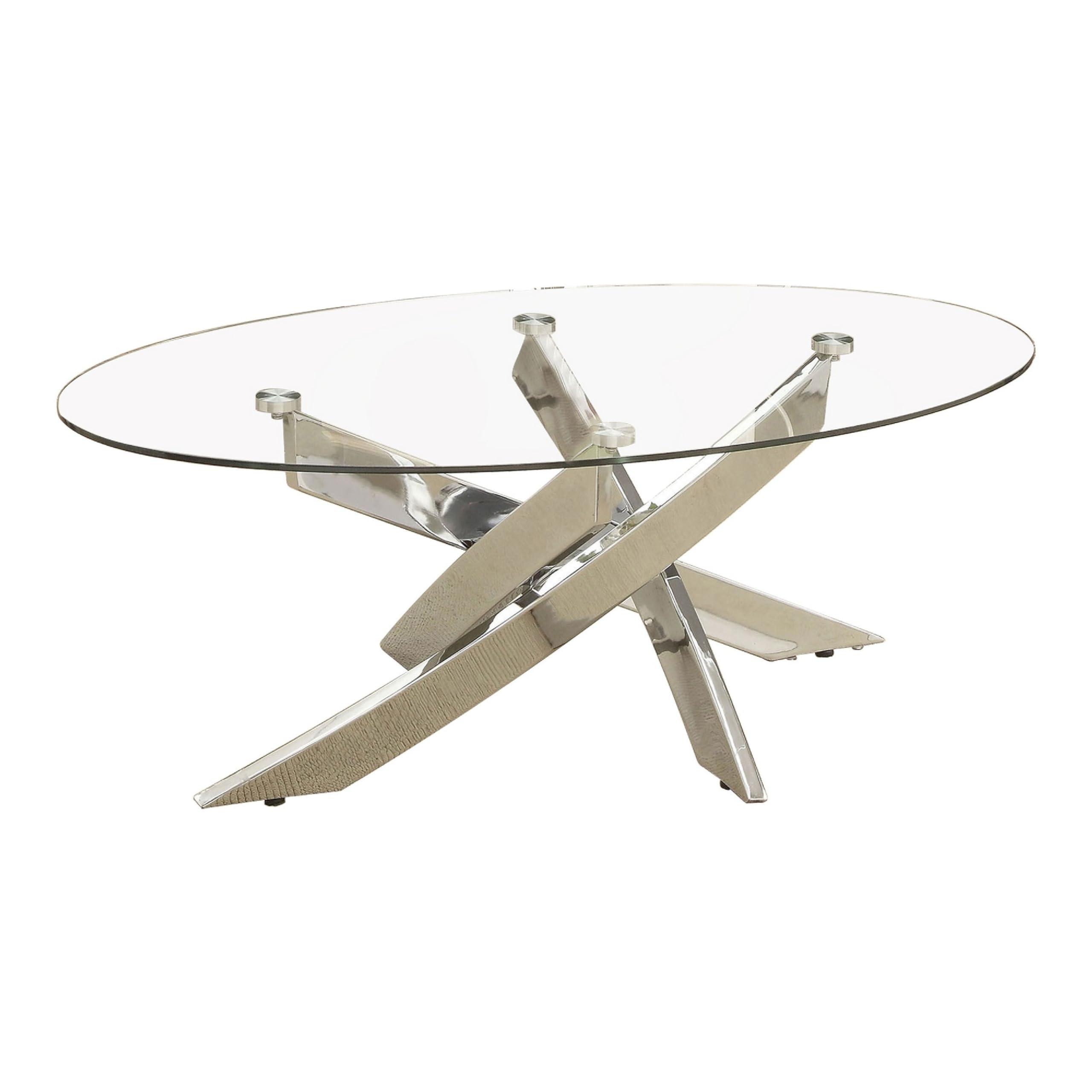 Benjara Oval Shape Glass Top Coffee Table with Criss Cross Base, Silver and Clear