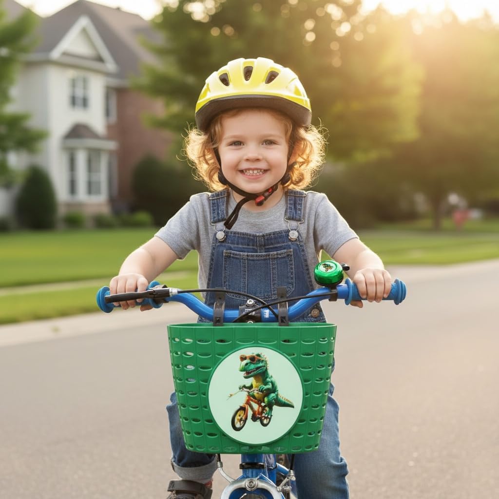 Kids Bike Basket Set with Bell, Handlebar Streamers, and Wheel Spoke Beads, Fun Themes. Multi Colors