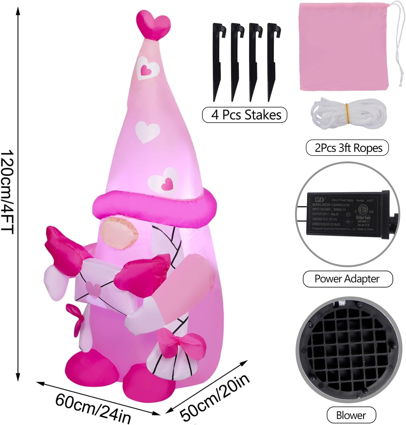 Juegoal Valentine Inflatable Pink Gnome, 4 FT Lighted Blow Up Girl Swedish Gnomes, Indoor Outdoor Valentines Wedding Xmas Decor, Built in LED Light Up Holiday Lawn Yard Garden Decorations
