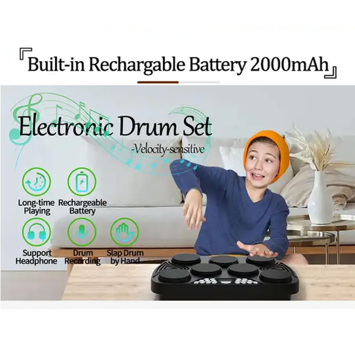 Batería Electrónica Portátil, 7 Pads Pad De Práctica De Batería Enrollable, Altavoces Incorporados, Luces Inteligentes con Acompañamiento De Percusión, Regalo para Niños, Adolescentes, Adultos