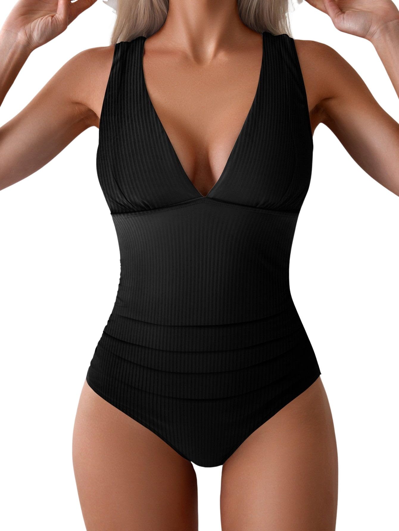 Eomenie One Piece Swimsuit for Women Tummy Control Plunge V Neck Bathing Suit Slimming Wide Straps Swimwear