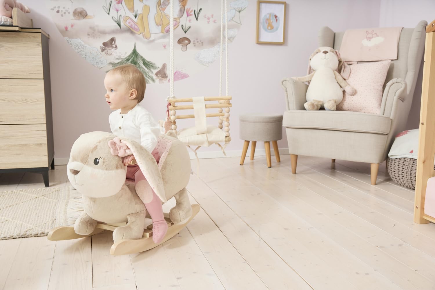 Sterntaler Schaukeltier Hase Hanni - Schaukelpferd aus Flausch & Holz - weiche Sitzfläche - Spielzeug Wippe für Kleinkind - Mädchen - Indoor Geschenk-Idee, Hellbraun