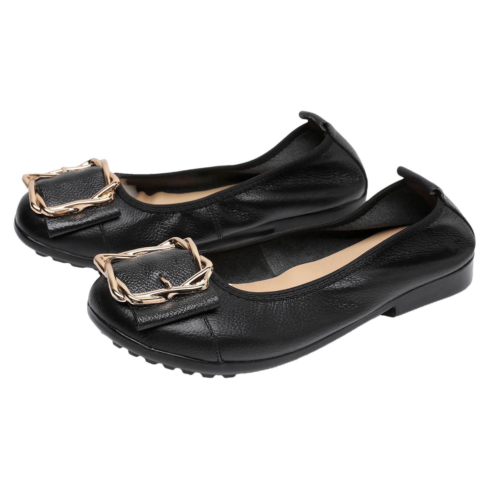 ANUFER Mujeres Piel Genuina Bailarinas Moda Hebilla de Metal Suave Plano Bombas Zapatos