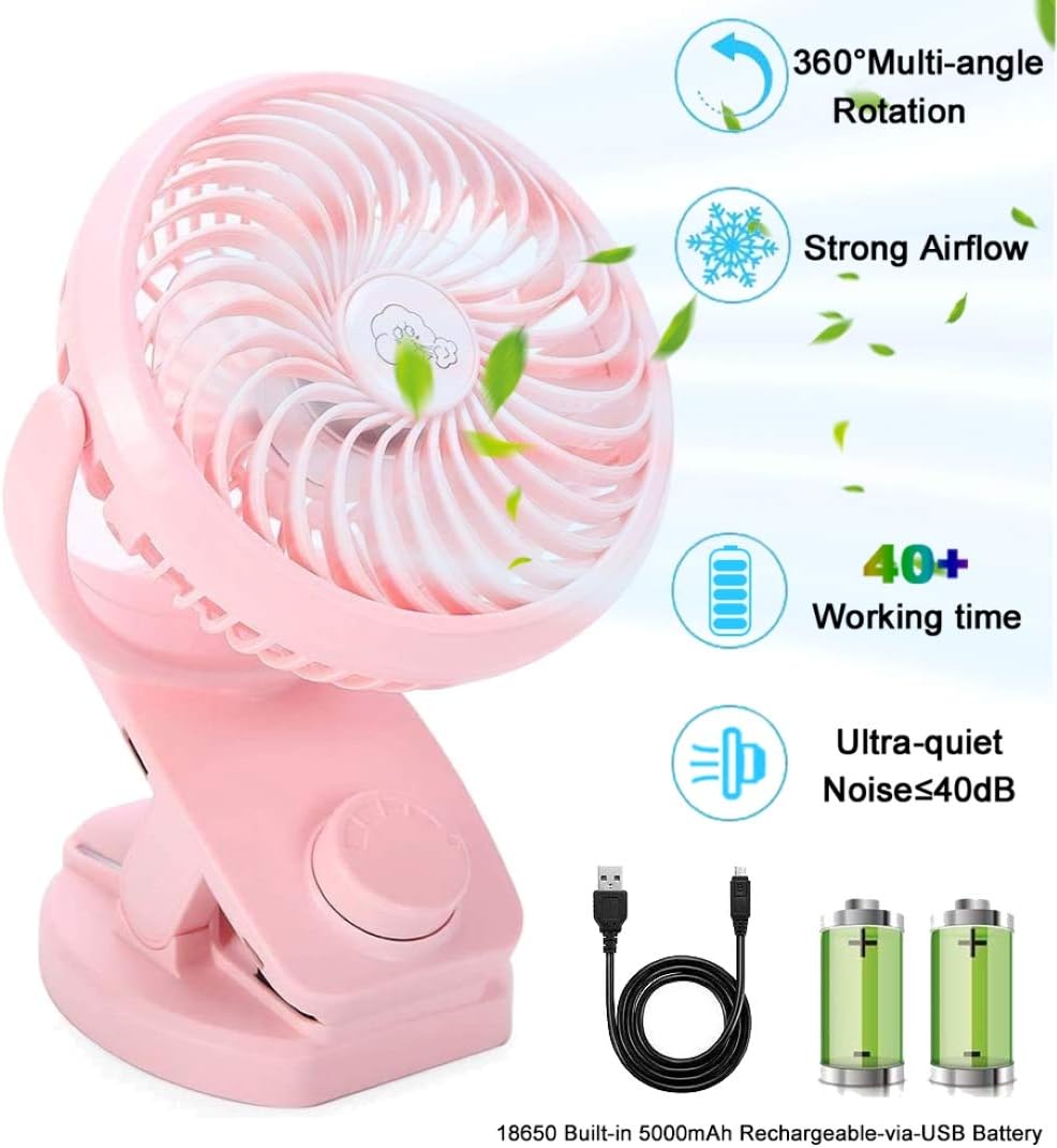 AUSEIN Mini Clip-on Fan 5000mAh Rechargeable Battery Operated USB Desk Fan Portable Personal Fan Small Quiet Stroller Fan for Home, Office, Travel, Camping, Baby Pram, Pushchairs, Buggy, Car (RED)