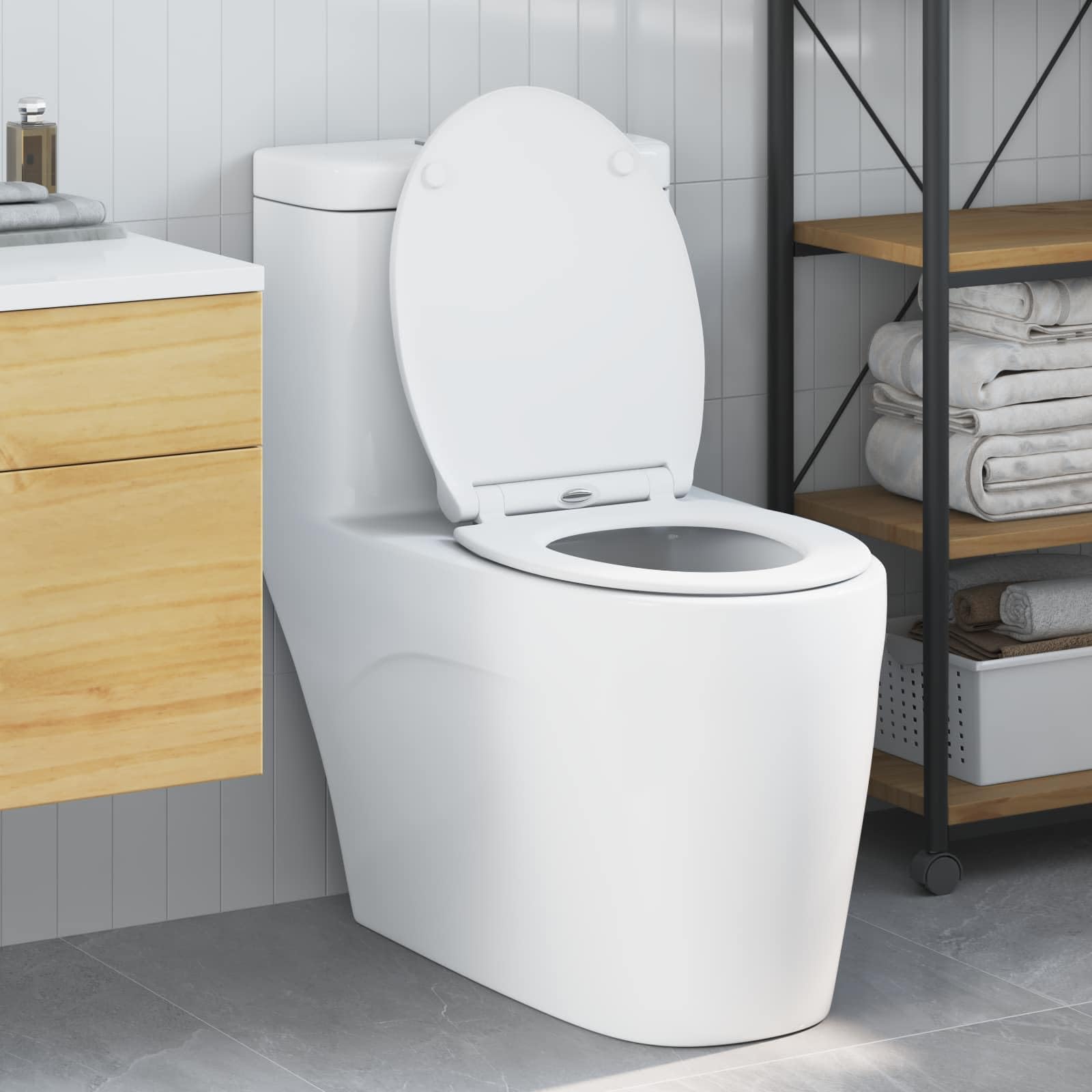 WC Sitz Toilettensitz Weiß Duroplast 45,5 x 37,5 cm Absenkautomatik Scharnier für WC Toilettendeckel Montage Innenbad Komfort Sanitärzubehör