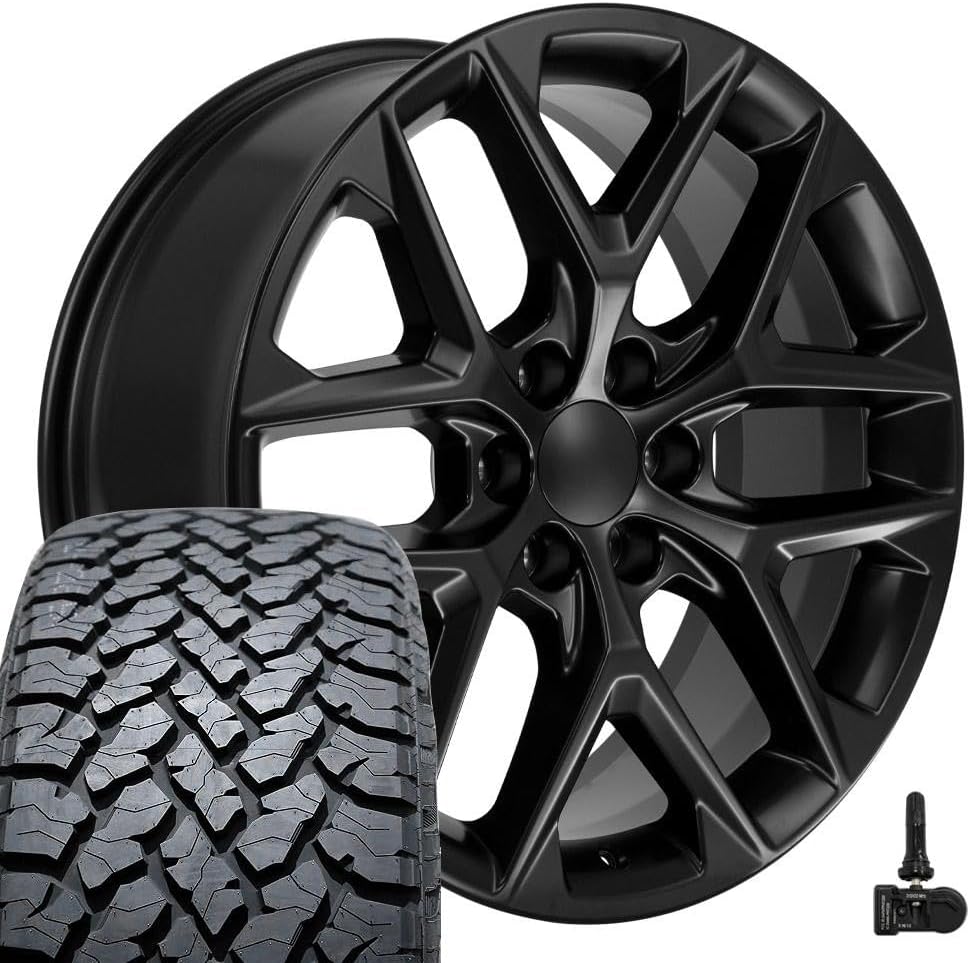 OE Wheels CV62 22 Inch Rims and Tires Fit Silverado 1500 Style 6x139.7 22x9 Satin Black - Hollander 14078 - TS-37 AT 285/45-22 (Set of 4)