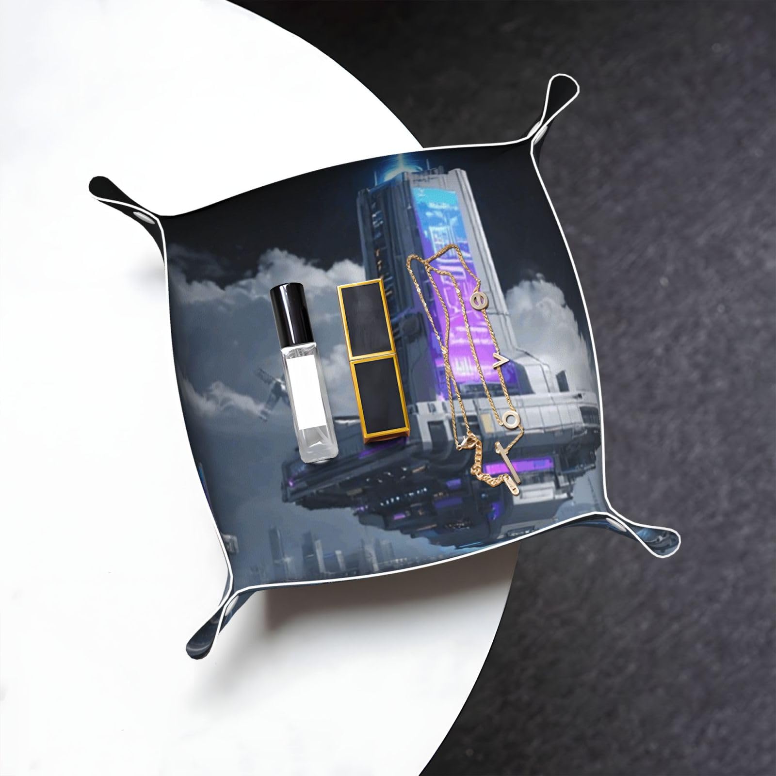 Sci-Fi Style Valet Tray Organizer Pu Leather Travel Catchall Tray Organizer Portable Jewelry Tray Storage Keys Tray for Entryway Table Coins Watches Candy