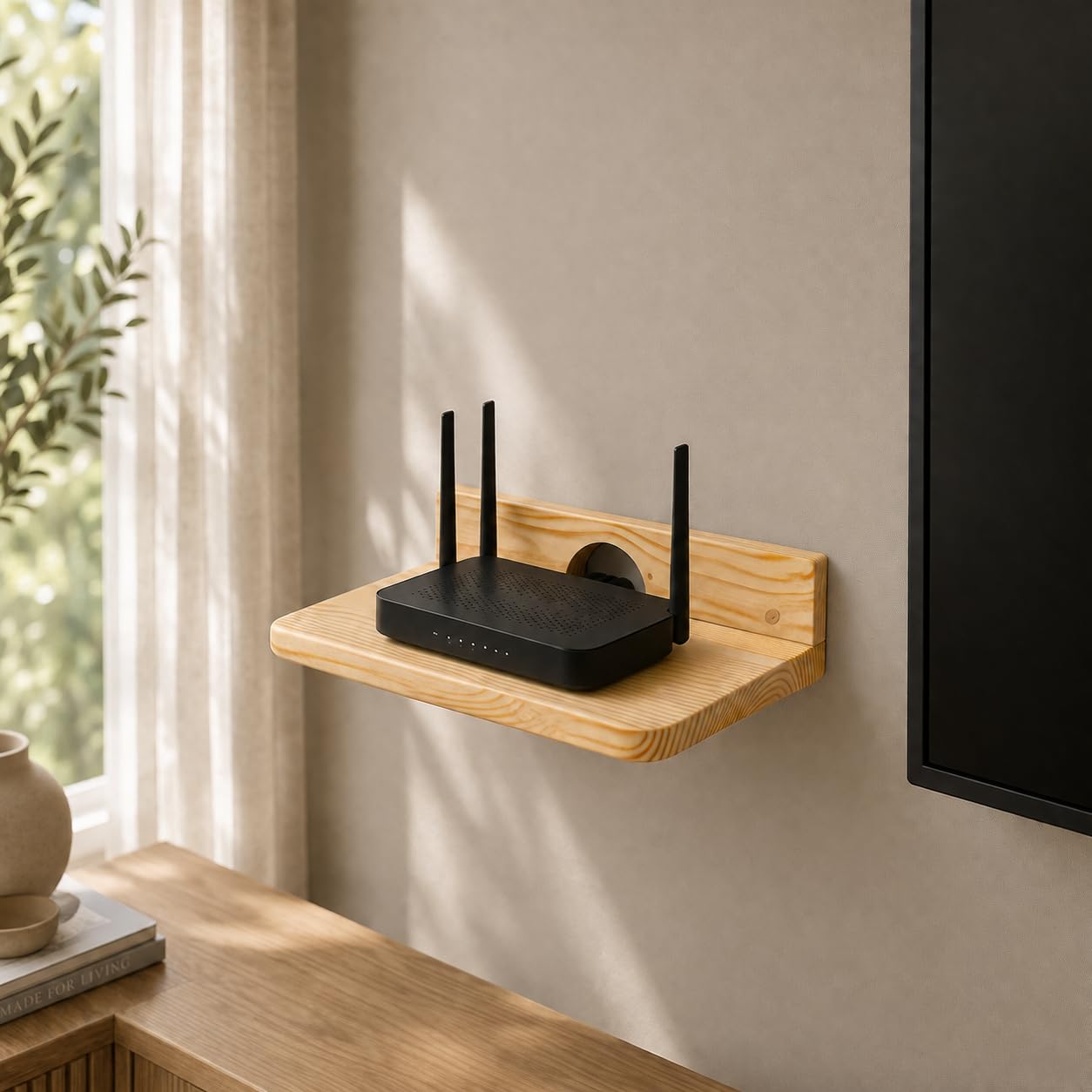 Solid Pine Wood Wall Mounted Router Shelf | WiFi Router & Set Top Box Stand | Hidden Keyhole Wall Mount | Floating Wooden Shelf | 10 x 8 Inch-image-6
