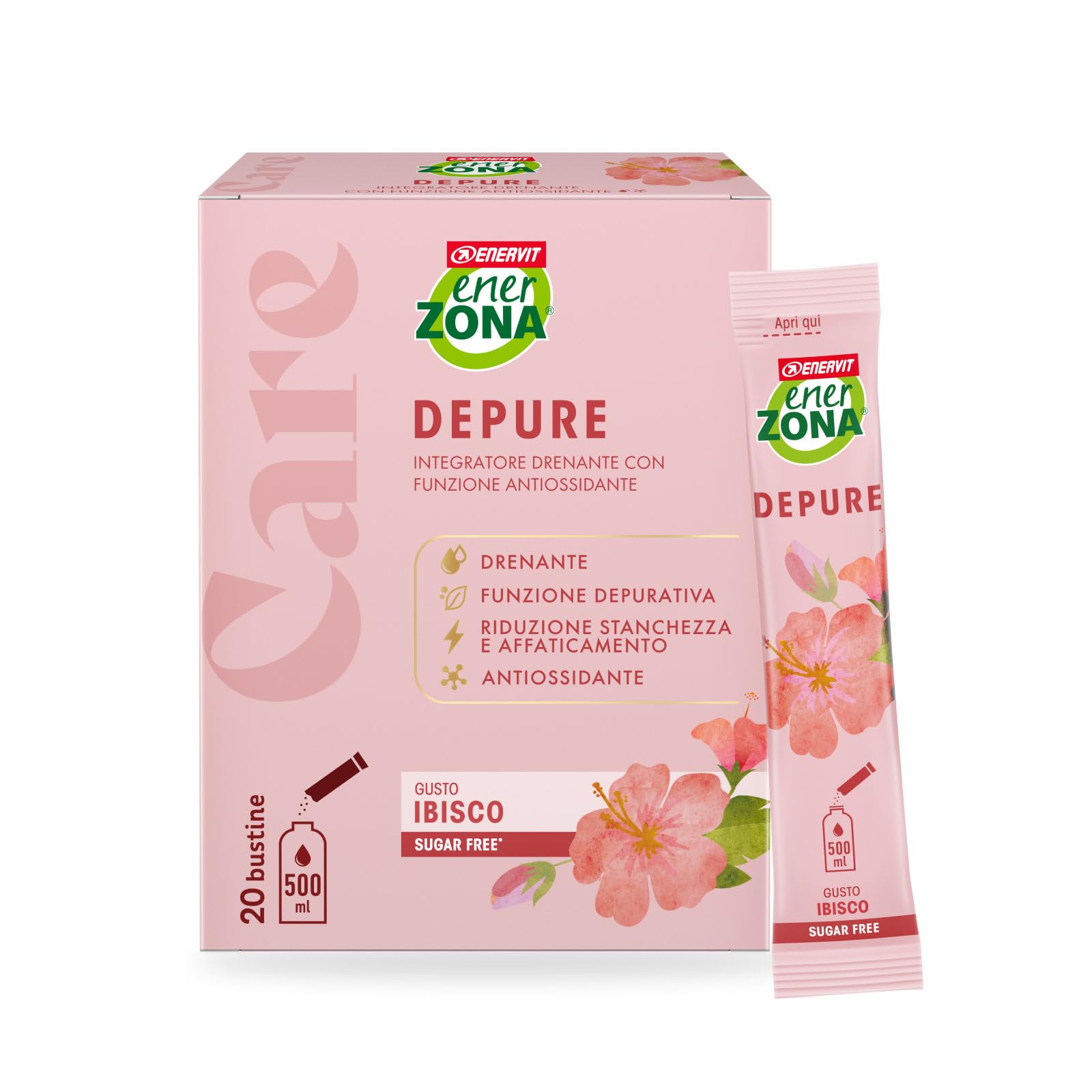 Enervit EnerZona Care Depure, Integratore Alimentare Drenante e Antiossidante, Funzione Depurativa, Riduce la Stanchezza, 20 Bustine, Zero Zuccheri e Zero Calorie, Gusto Ibisco, VeganOK, Senza Glutine