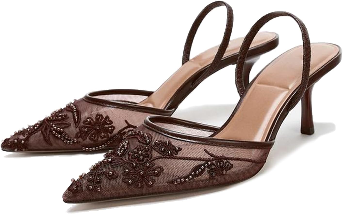 Lymphvity Women's Mesh Embroidered Slingback Heels with Bead Elegant Backless Kitten Heels Pointed Toe Wedding Bridal Dress Pumps Shoes