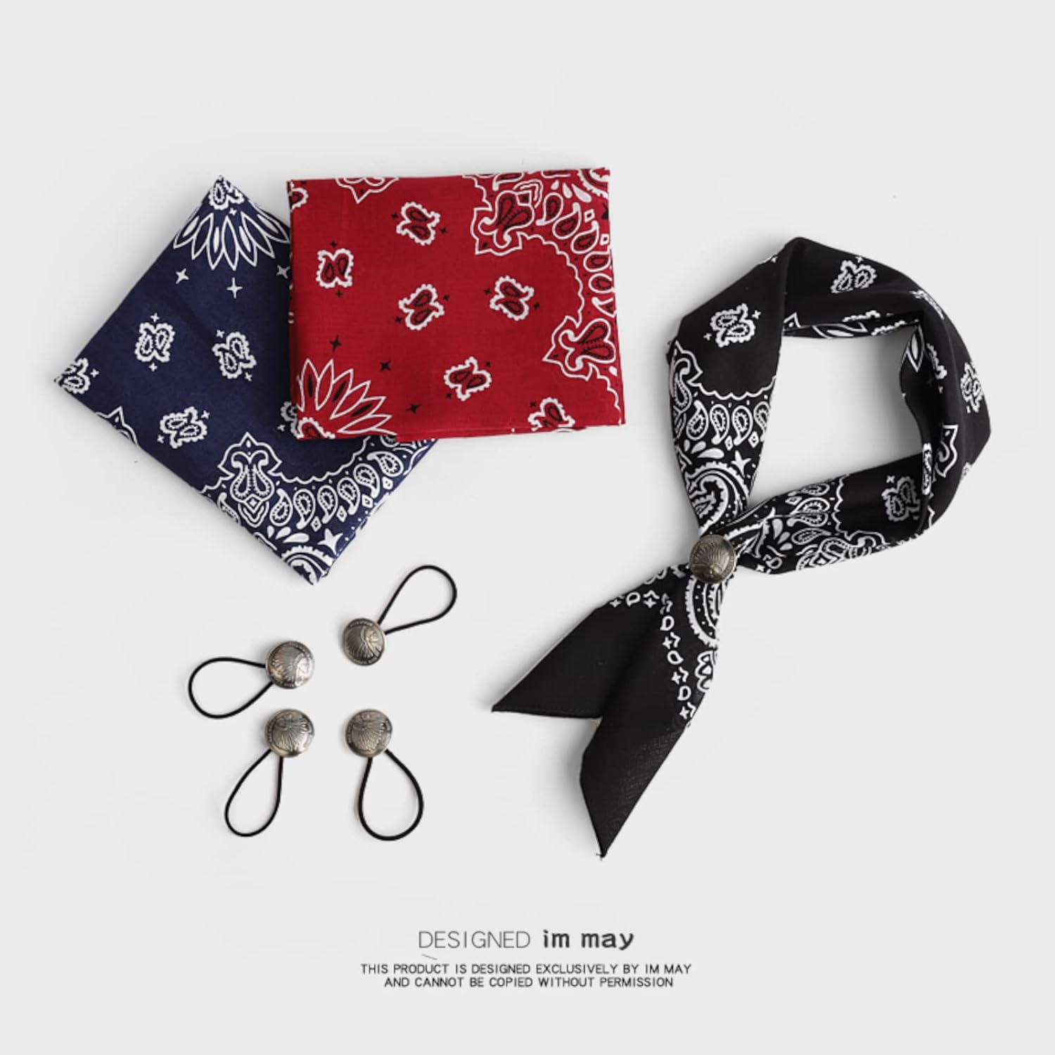 ETACHI Men Square Scarf and Scarf Ring, Ami Click Retro RRL Handmade Square Scarf Buckle, Black Cashew Square Scarf 1PC and Buckle 1PC, Gifts for Dad