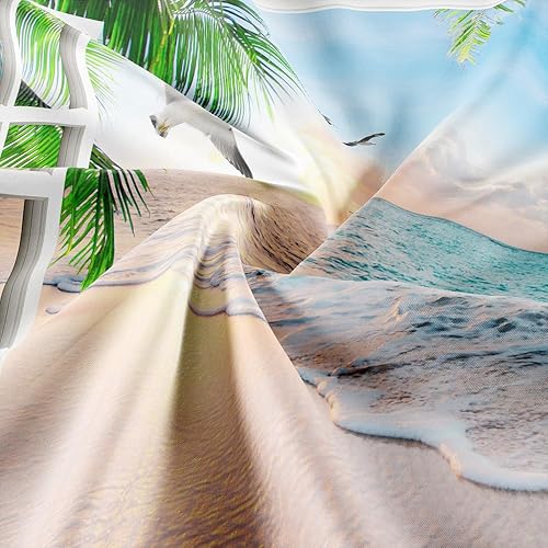 Miniatura 6 de Xiaoput Tapiz de paisaje natural, acogedor exterior de la ventana, palmera tropical, playa, mar, miau, puesta de sol, tapiz para colgar en la pared,