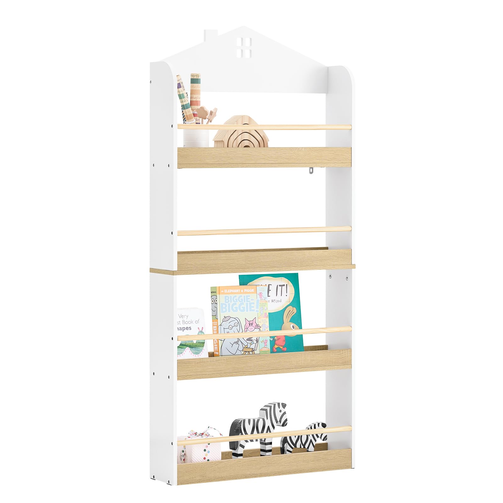 SoBuy Libreria Montessoriana per Bambini Porta Libri Bambini a 4 Ripiani Libreria Verticale Portagiochi Cameretta Bambina Bianco e Naturale 60x15x130.5 cm KMB121-WN