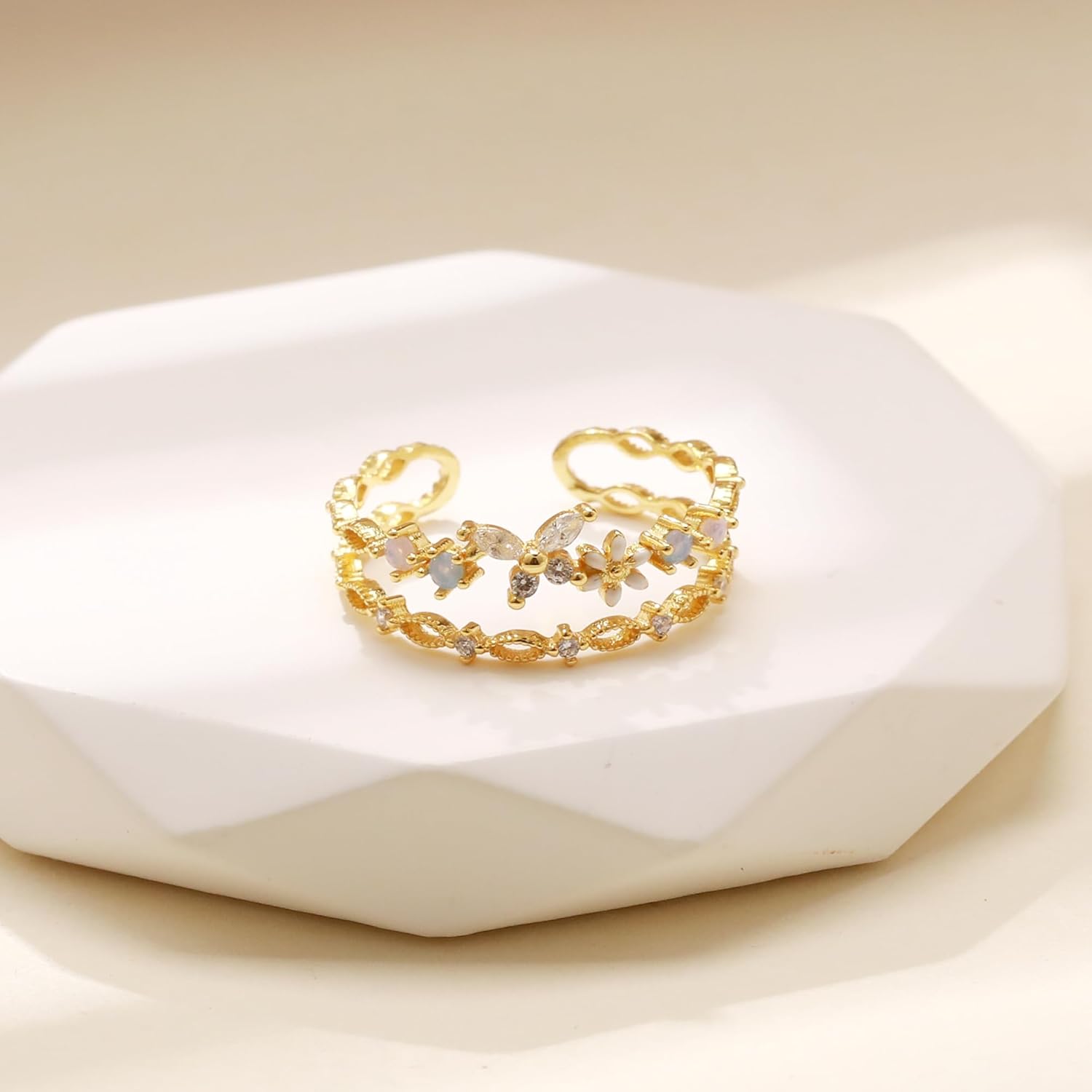 LOVECOM 925 Sterling Silver Cute Butterfly Daisy Flower Rings for Women 14K Gold Plated 2 Layered Colorful Opal CZ Floral Boho Stackable Statement Ring Jewelry Birthday Gifts to Daughter - Image 6