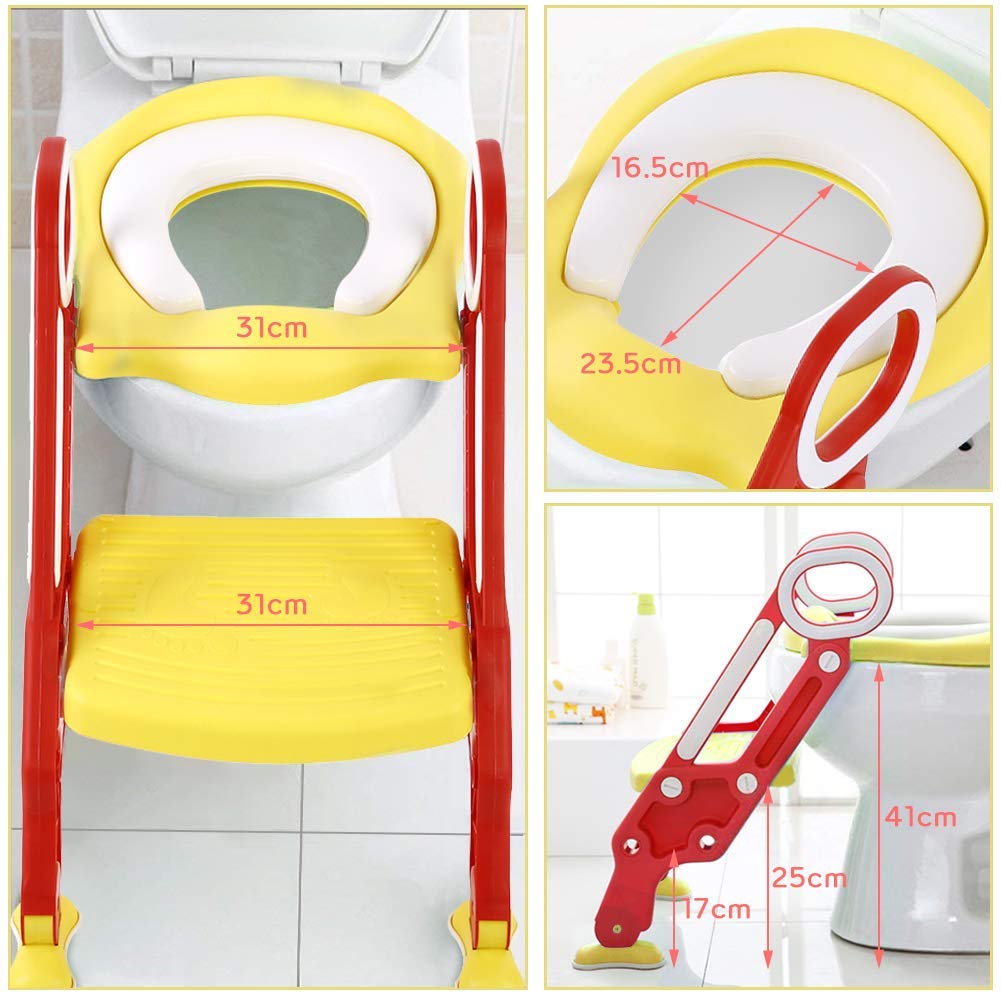 Greensen Toilettensitz Kinder mit Treppe Toilettenaufsatz Toilettentrainer Kinder Toilettensitz Faltbar Töpfchen Verstellbarer Trainingssitz mit PU Kissen und Griffen Töpfchen für Kinder