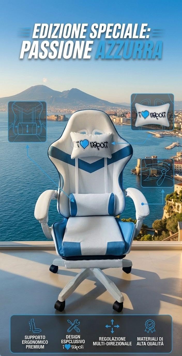 Sedia Gaming Ergonomica I Love Napoli Reclinabile con Cuscini Schienale 90°-135°, altezza regolabile, rotazione 360°, supporto lombare, poggiapiedi, cuscino collo, ruote, gaming e ufficio