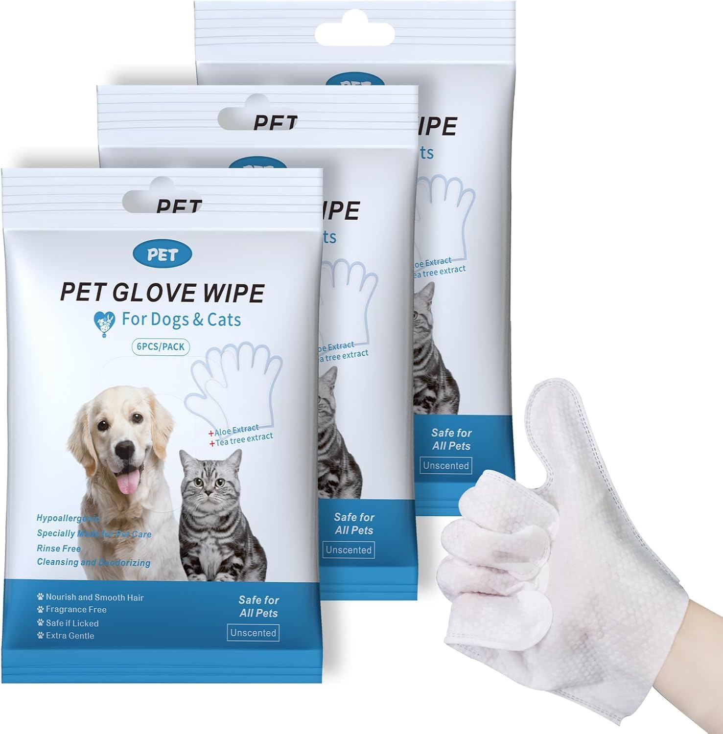 HONGYEE【3 Packs/18 Sheets】Pet Thick Glove Wipes, Disposable Pet Cleaning Wipes, Odorless and Fragrance-Free, Suitable for Daily Care, Cleaning, and Grooming of Dogs and Cats