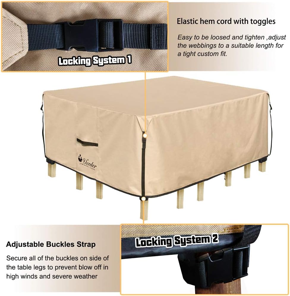 UCEDER Rectangular Patio Heavy Duty Table Cover TPU back side coating 88x62 inches Outdoor Dining Table Chair Set Cover fit square/round patio table and 4-6 standard chairs