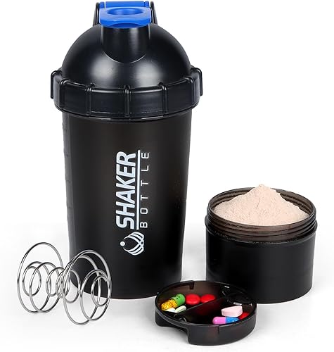 Shaker Bottle - Botellas mezcladoras de proteínas de 18 onzas con almacenamiento de polvo y estuche para píldoras, 16.9 fl oz, taza agitadora de