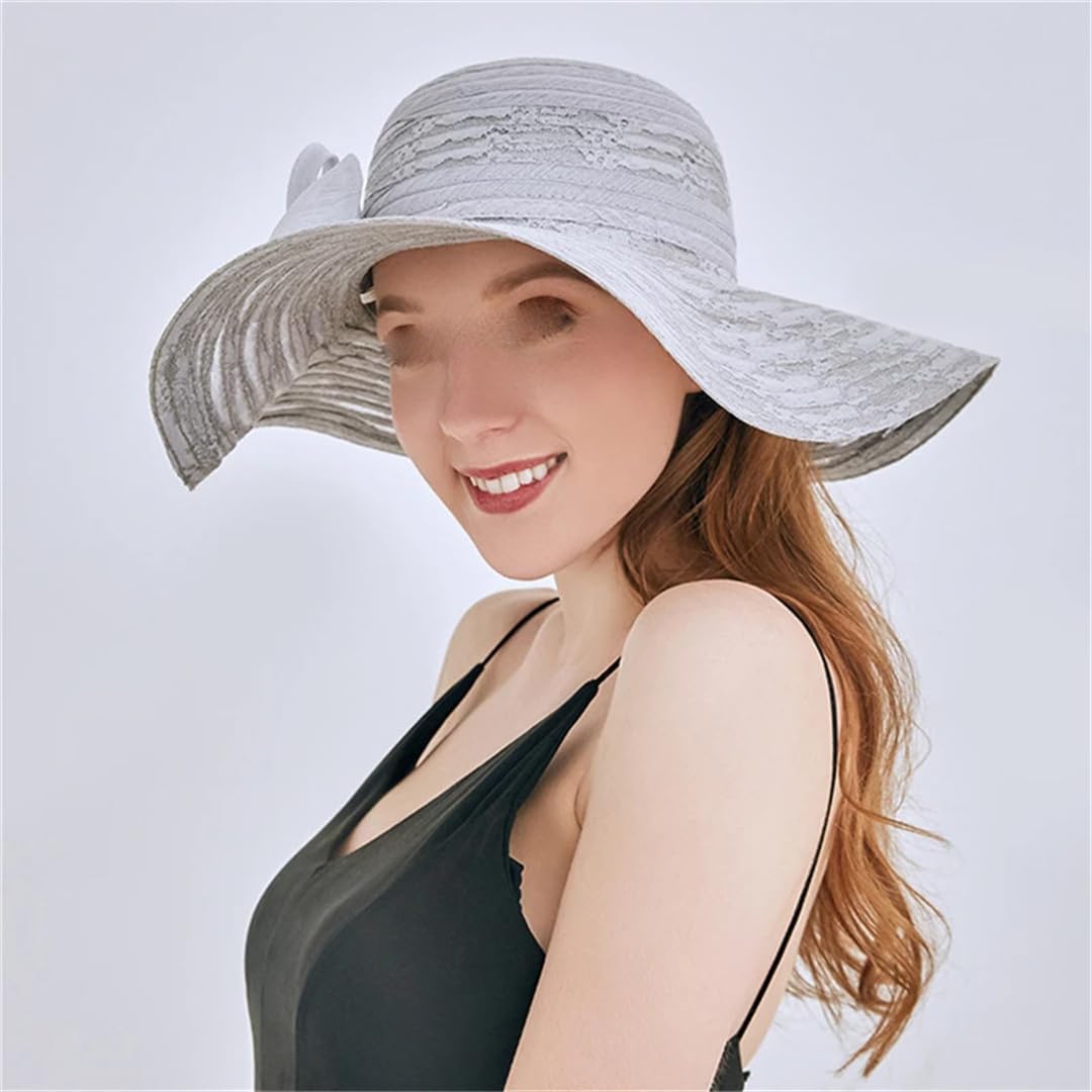 Yeuyyben Cappello da sole estivo da donna, elegante, con fiocco, a tesa larga, per feste di nozze, chiesa, cappello da spiaggia