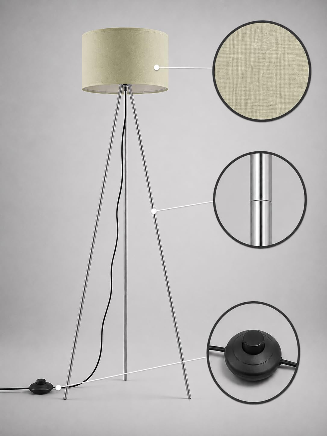 Braytron Stehleuchte – 3-Bein Standleuchte mit Satiniertem, Lichtstreuendem Kunststoffschirm & Chrombeinen, E27 Fassung, Ein/Aus-Schalter am Kabel, 155 cm Hoch für Wohnzimmer & Schlafzimmer, Beige
