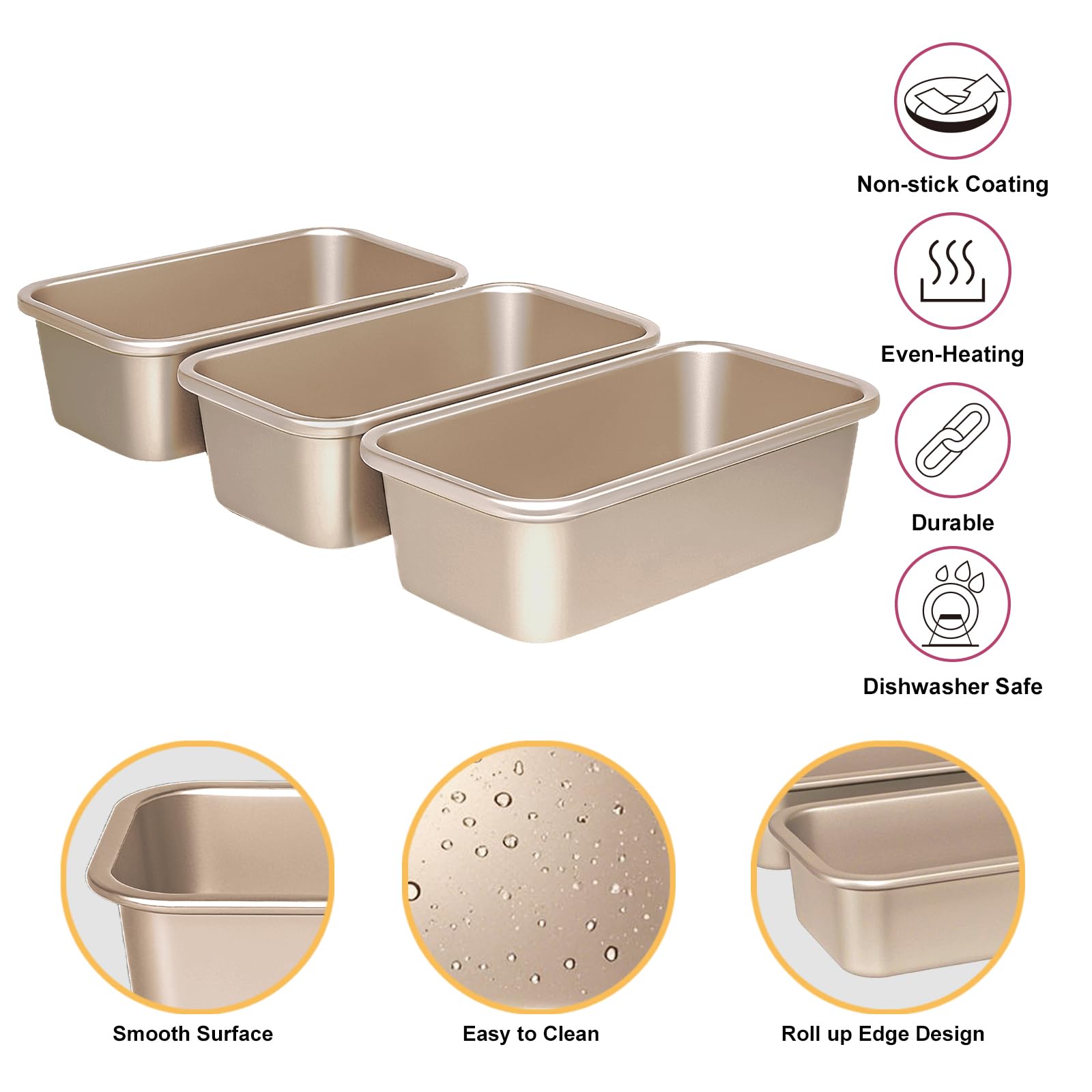 Brot Toastform Antihaft Rechteckige Kastenform Toastbrot Backform Sandwich Brotbackform Ofentablett zum Backen Kohlenstoffstahl Champagnergold 23.1x12.9x7.1cm 3-Teiliges Set