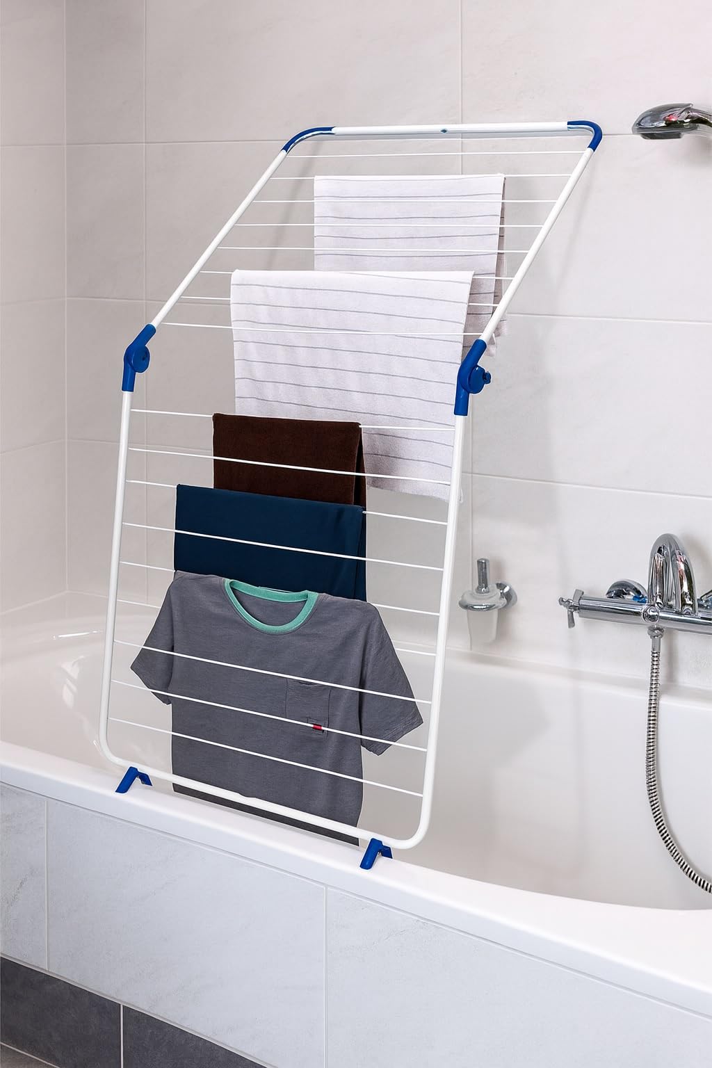Gardissimo Metall Wäschetrockner Tumby für Badewanne, Weiß-Blau | 10 m Trockenlänge, Material: Metall und Kunststoff, Badewannen Trockner, Wäscheständer