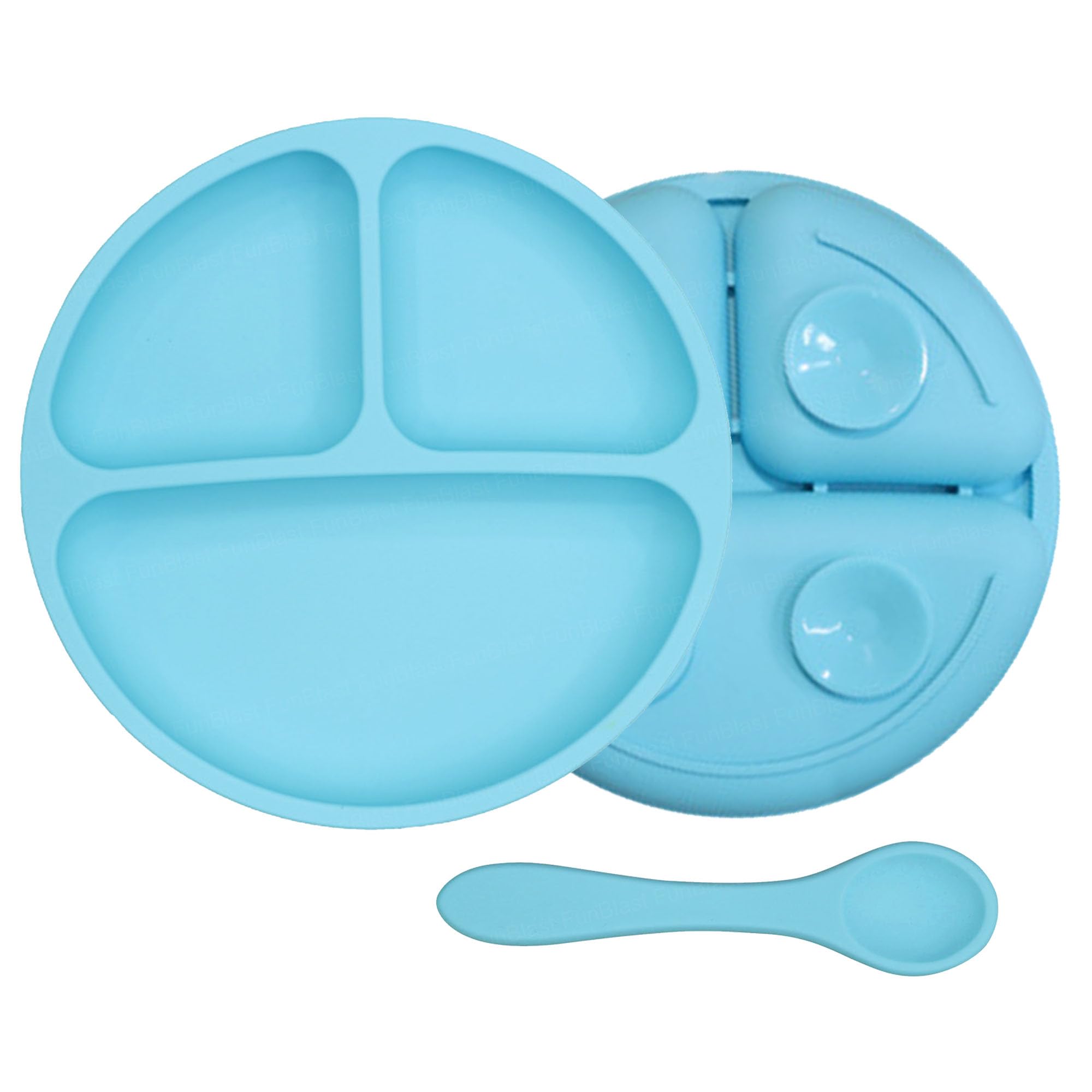 FunBlast Silicone Suction Plate with Compartments & Spoon – BPA-Free Baby Feeding Set, Strong Suction, Non-Slip Toddler Plate for Self-Feeding, Microwave & Dishwasher Safe (Blue)-image-21