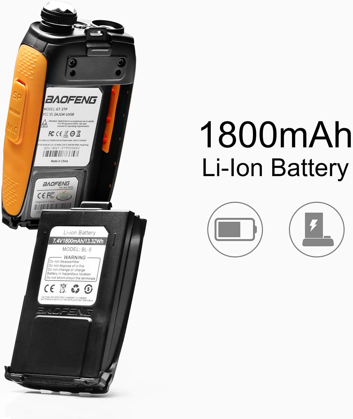Baofeng GT-3TP Mark III with 1800mAh Li-ion battery removed