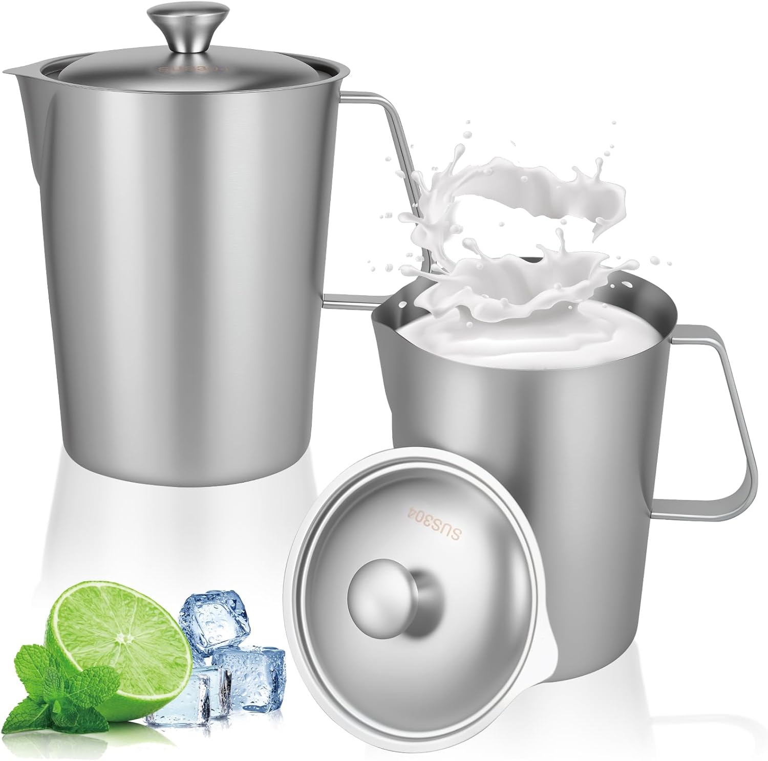 2 Pack Stainless Steel Pitcher with Lid, 2 L/ 70 oz Metal Measuring Cup with Marking with Handle, 8 Cup Large Milk Frothing Jug for Latte Art, Iced Tea, Hot/Cold Water