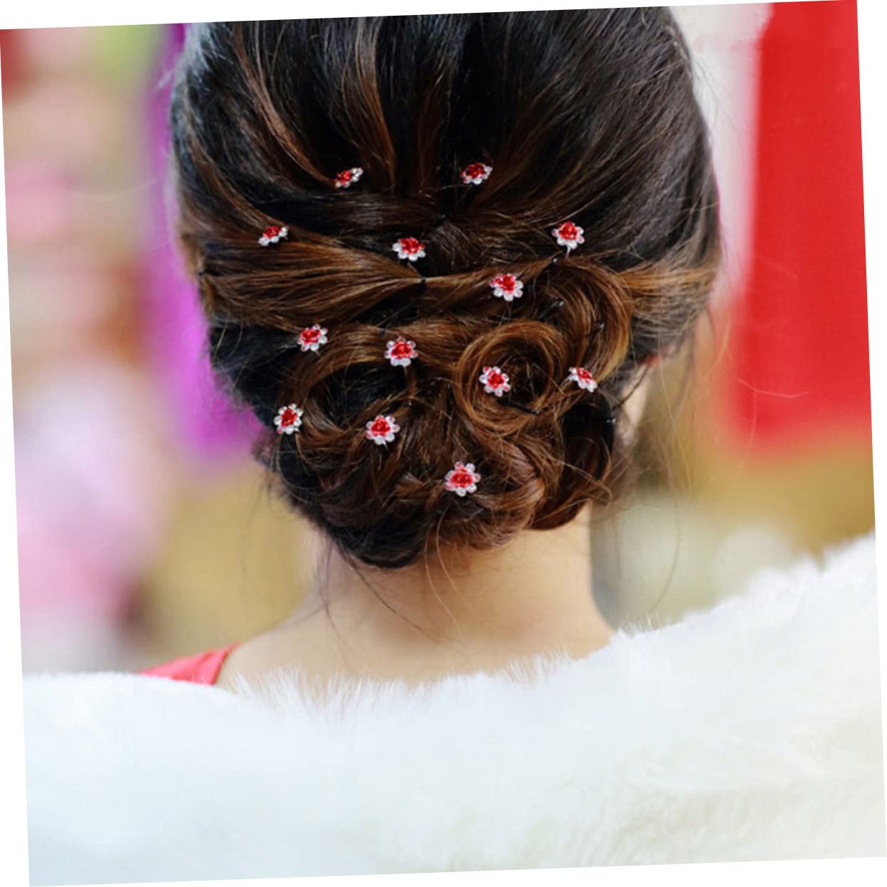 12piezas Horquillas Rosa Adornos De Rhinestone y Perlas Para Novia y Damas De Honor Bodas Rojo
