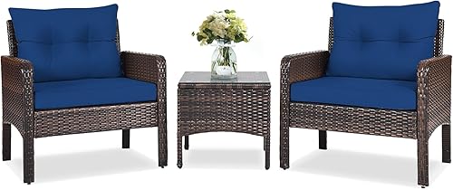 RELAX4LIFE Juego de muebles de patio de 3 piezas, juego de conversación de mimbre de ratán PE para exteriores con mesa de centro de cristal y