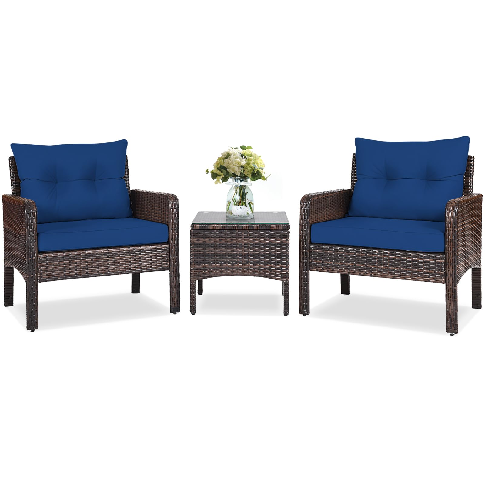 RELAX4LIFE 3-Piece Patio Furniture Set, PE Rattan Wicker Outdoor Conversation Set w/Glass Top Coffee Table & Thick Cushions for Deck Porch Balcony