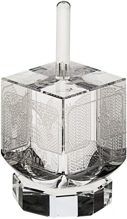 Scenes of Old Jerusalem Dreidel Crystal & Metal, Clear crystal with Silvertone top and Silvertone metal engravings, With Crystal Stand. Size: 1.7" x 1.7" x 3". Jewish Art, Hanukkah