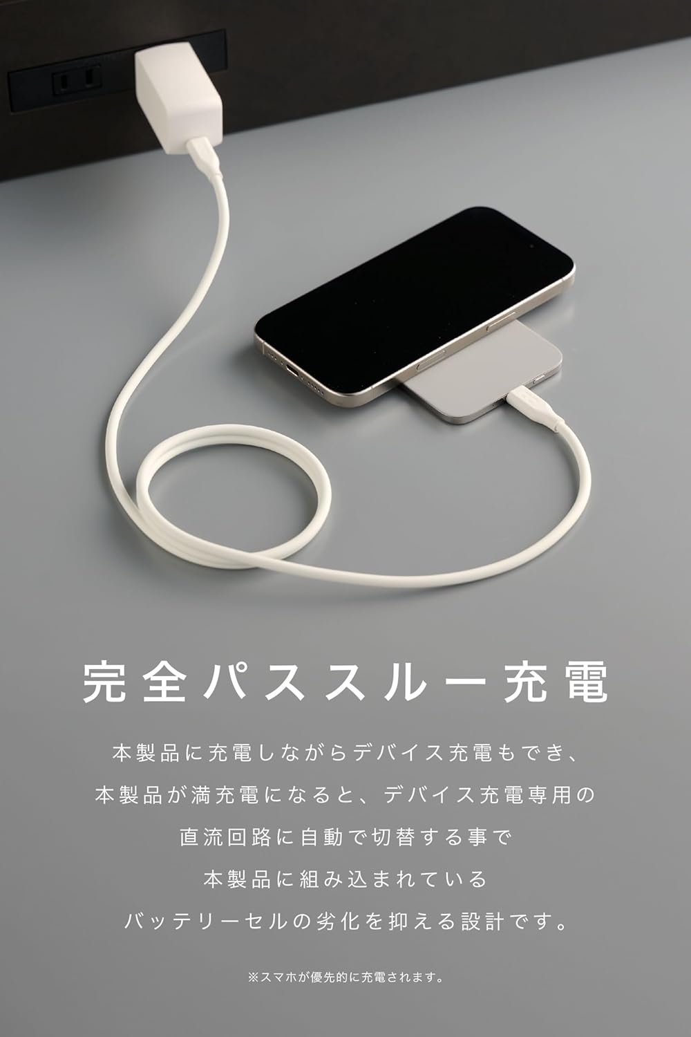 CIO SMARTCOBY ULTRA SLIM 3K connected to a wall adapter via USB-C cable, with an iPhone placed on top for pass-through charging.
