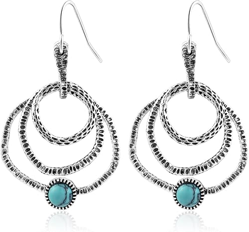 Turquoise Dangle Earrings for Women with Three Vintage Boho Silver Circle Drop E