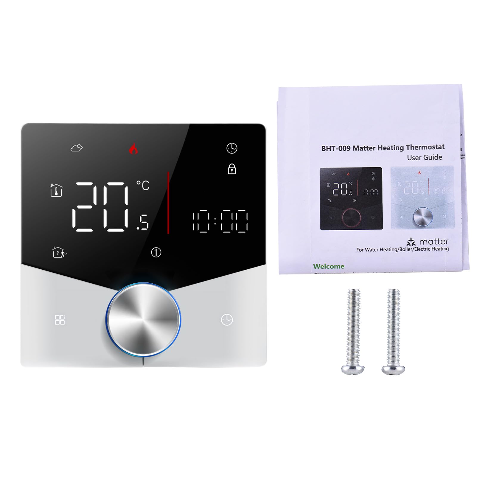 Smart Thermostat Wireless Matter Thermostat for House Water Gas Boiler Heating with APP and Voice Assistant Control Colorful LED Digital Touch Screen Adjustable Knob (Boiler Heating)