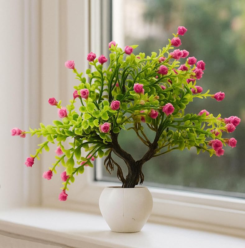 Image of Artificial Pink Flower Bonsai Plant In White Pot , Faux Plant For Home Decoration , Living Room Decoration , Indoor Plant , Flower Pot For Garden , Tabletop Decor , Gift Item , Indoor & Outdoor Decor