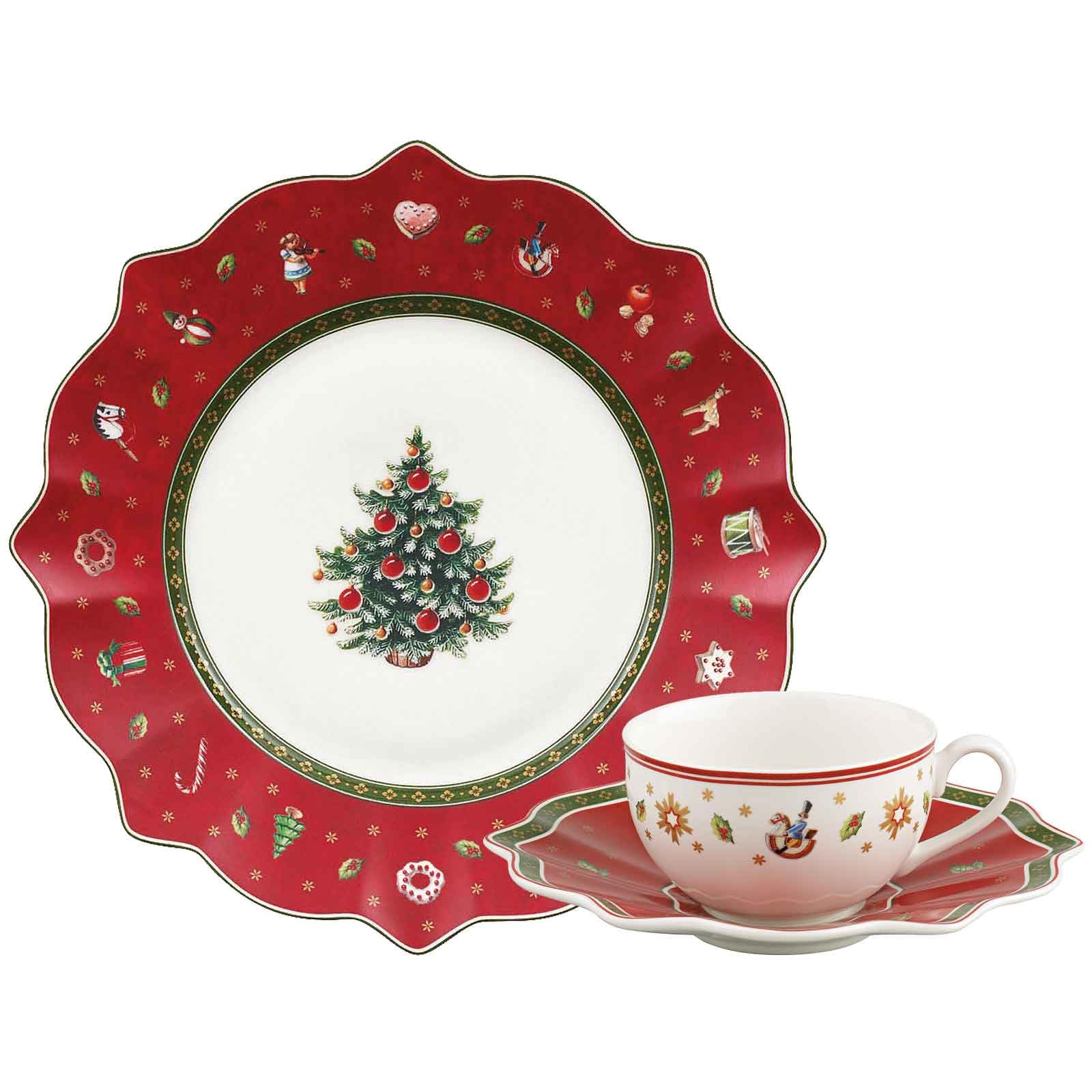 Villeroy & Boch Toy's Delight Kaffeeservice 18-teilig, Frühstücksteller (25 cm) und Kaffeetassen mit Untertassen (170 ml), Weihnachtliches Kaffeegeschirr, Premium Porzellan, Rot