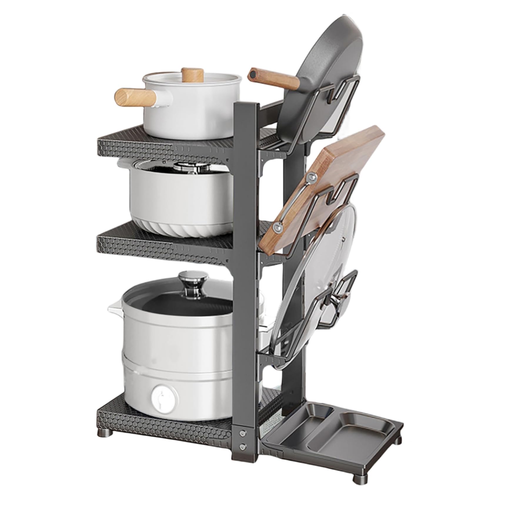 BEMISO Pot and Pan Organizer, 3-Tier Pan Organizer Rack for Cabinet, Adjustable Pot Lid Holders & Pan Rack for Kitchen, Pot Rack Organizers with Pot Lid Organizer,Black