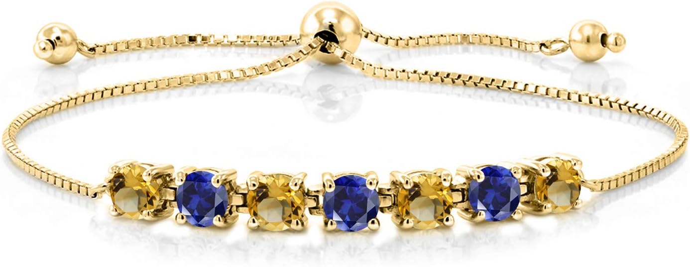 Gem Stone King 7-Stone Tennis Bracelet For Women | Gemstone Birthstone and Blue Created Sapphire | 925 Sterling Silver | Round Cut 4.5MM | Adjustable Bolo Bracelet For Women | Easy-On Easy-Off