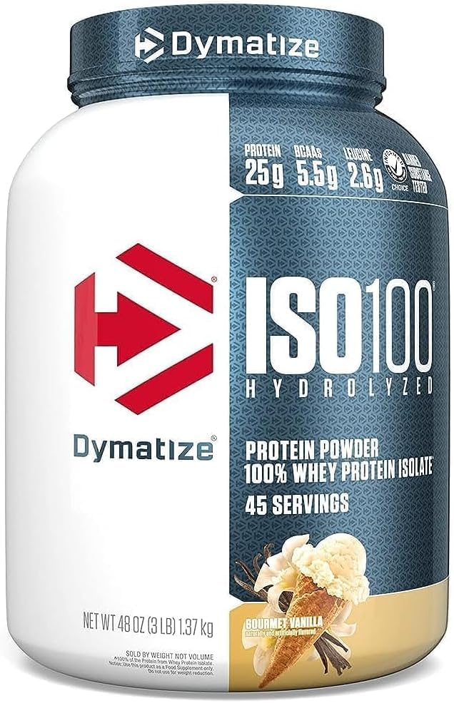 Image of Dymatize ISO100 Whey Protein Powder Isolate, Gourmet Vanilla, 25g of Protein, 3 Pound, 5.5g BCAAs, Less Than 120 Cal., Gluten Free, 1g Fat, 1g Sugar, 2g Carb