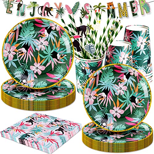 65-teiliges Dschungel-Party-Geschirr-Set, Waldtier Partyzubehör Set mit Tiere Teller Becher Servietten Kindergarten Dekoration, Urwald Party Geburtstag Deko, Tiere Party Deko für 12 Personen Cover