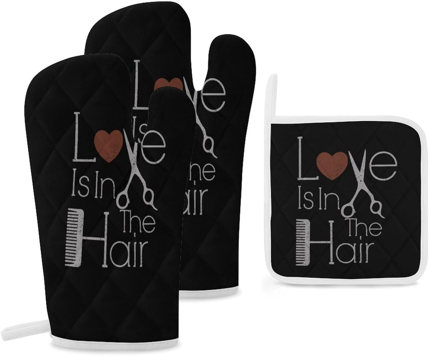 Love is in The Hair Hairstylist Print Oven Mitts and Pot Holders 3 Piece Sets Heat Resistant Gloves Hot Pads Potholders for Kitchen Baking Cooking