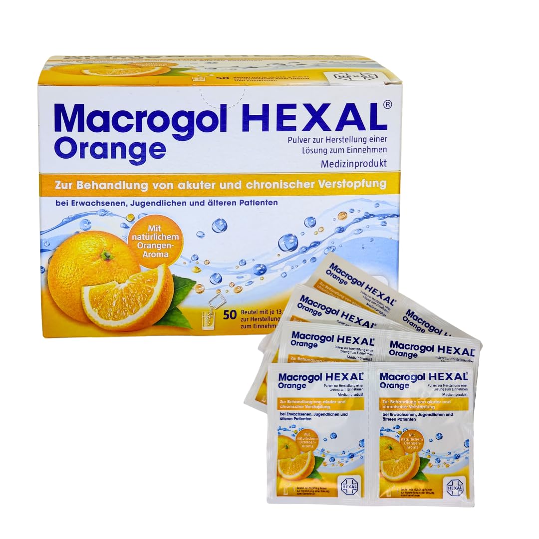 Macrogol Orange 1x 50 Beutel I lösliches Pulver bei Verdauungsträgheit mit Orangengeschmack I ab 12 Jahren I Unterstützung der Darmfunktion I Spar-Set plus Pharma Perle give-away