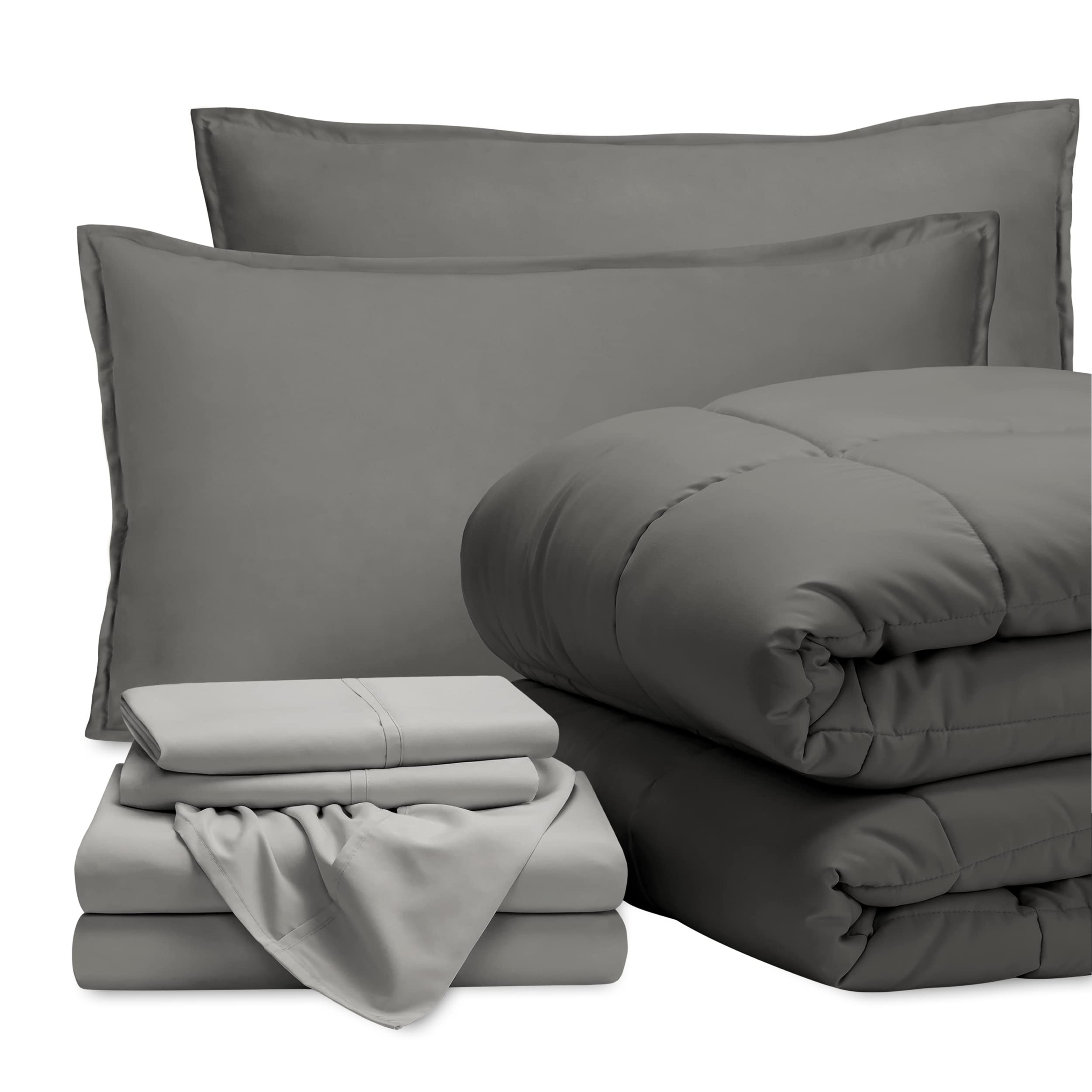 Bare Home Bed-in-A-Bag 7 Piece Comforter & Sheet Set - Queen - Goose Down Alternative - Ultra-Soft 1800 Premium Bedding Set (Queen, Grey/Light Grey)